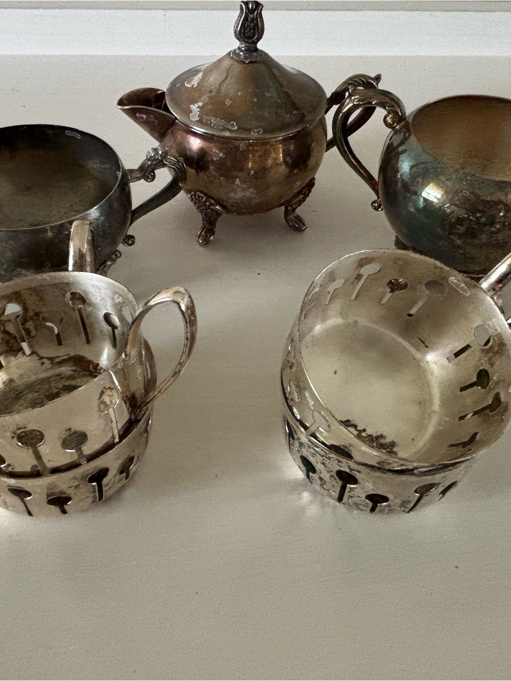 Antique Silver-Plate Sugar Bowl & Tea Set Pieces